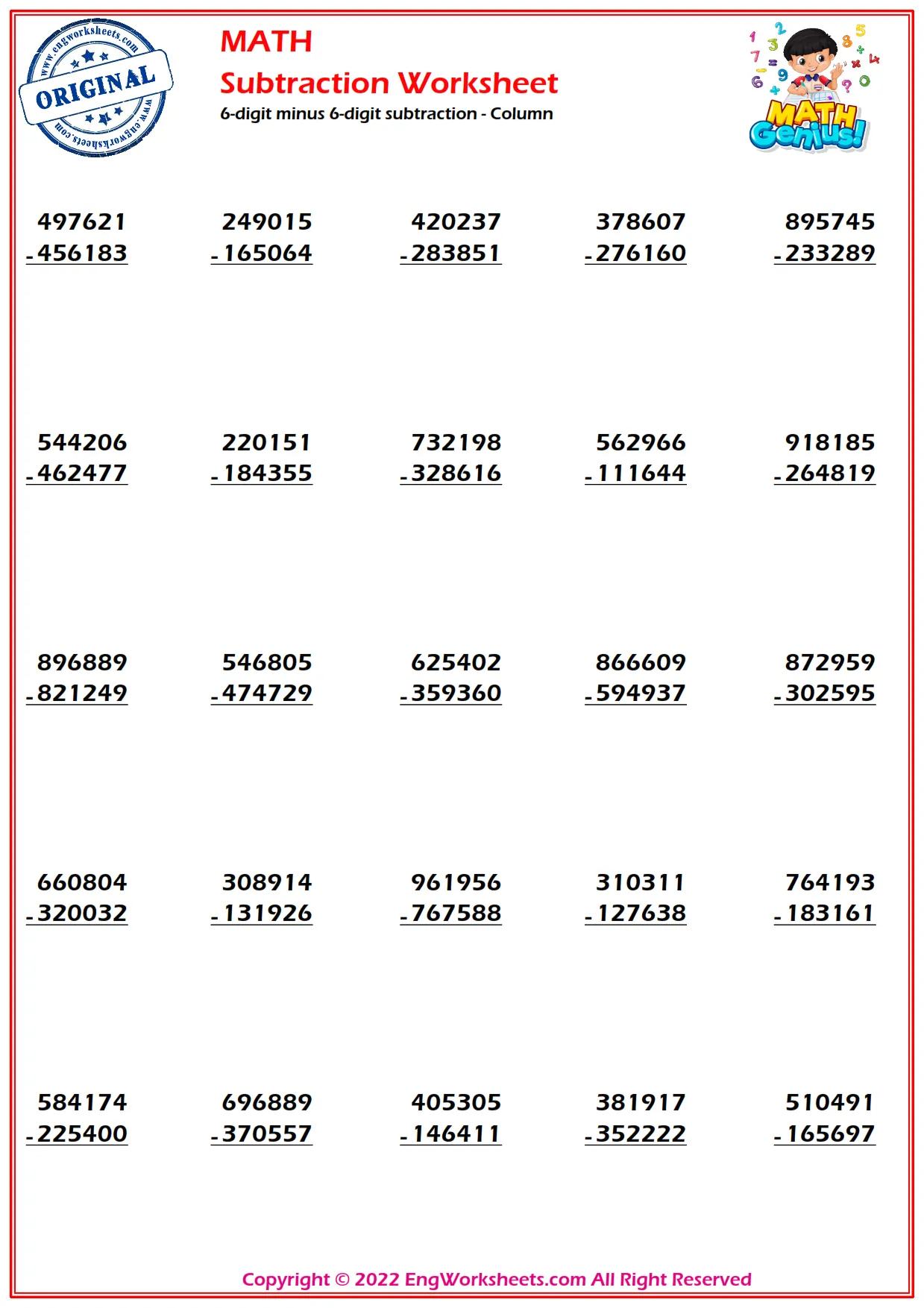 6-digit minus 6-digit subtraction - Column