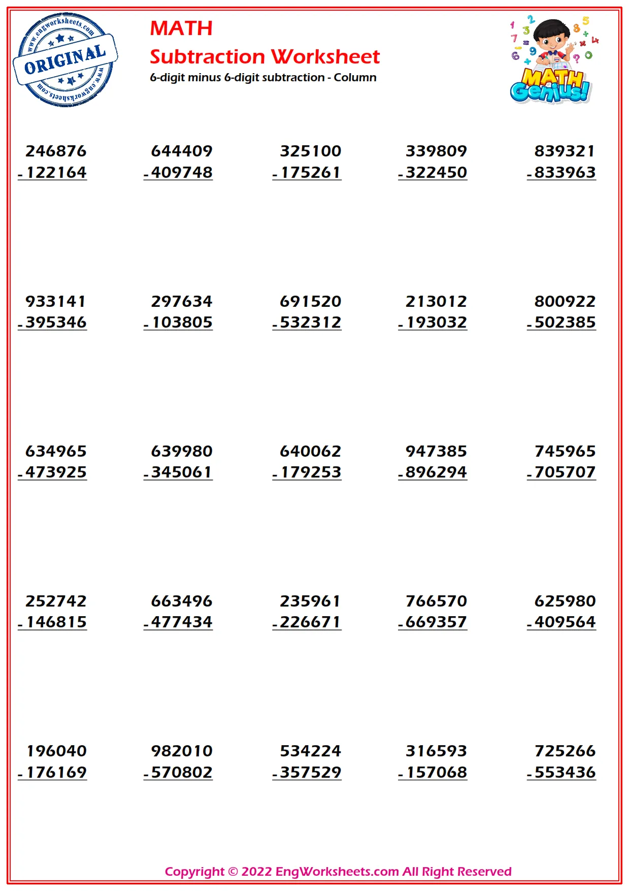 6-digit minus 6-digit subtraction - Column