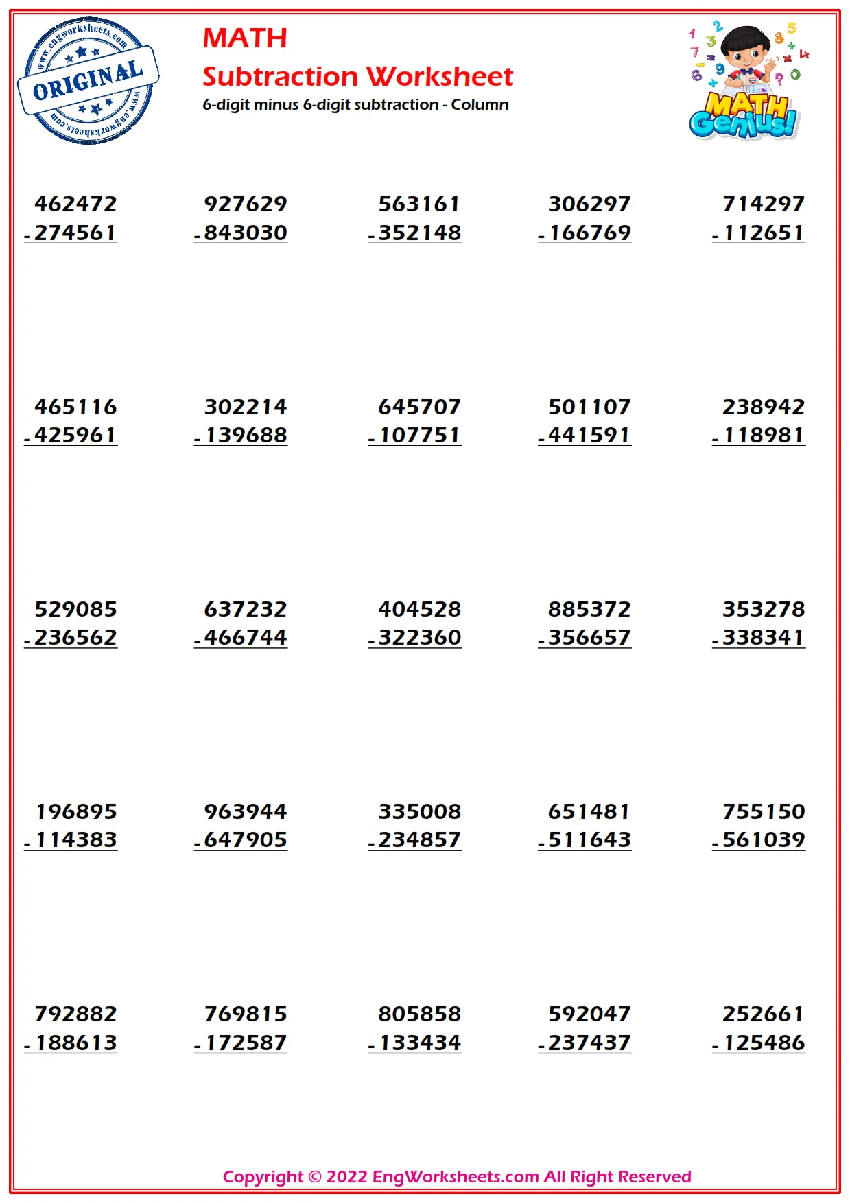 6-digit minus 6-digit subtraction - Column