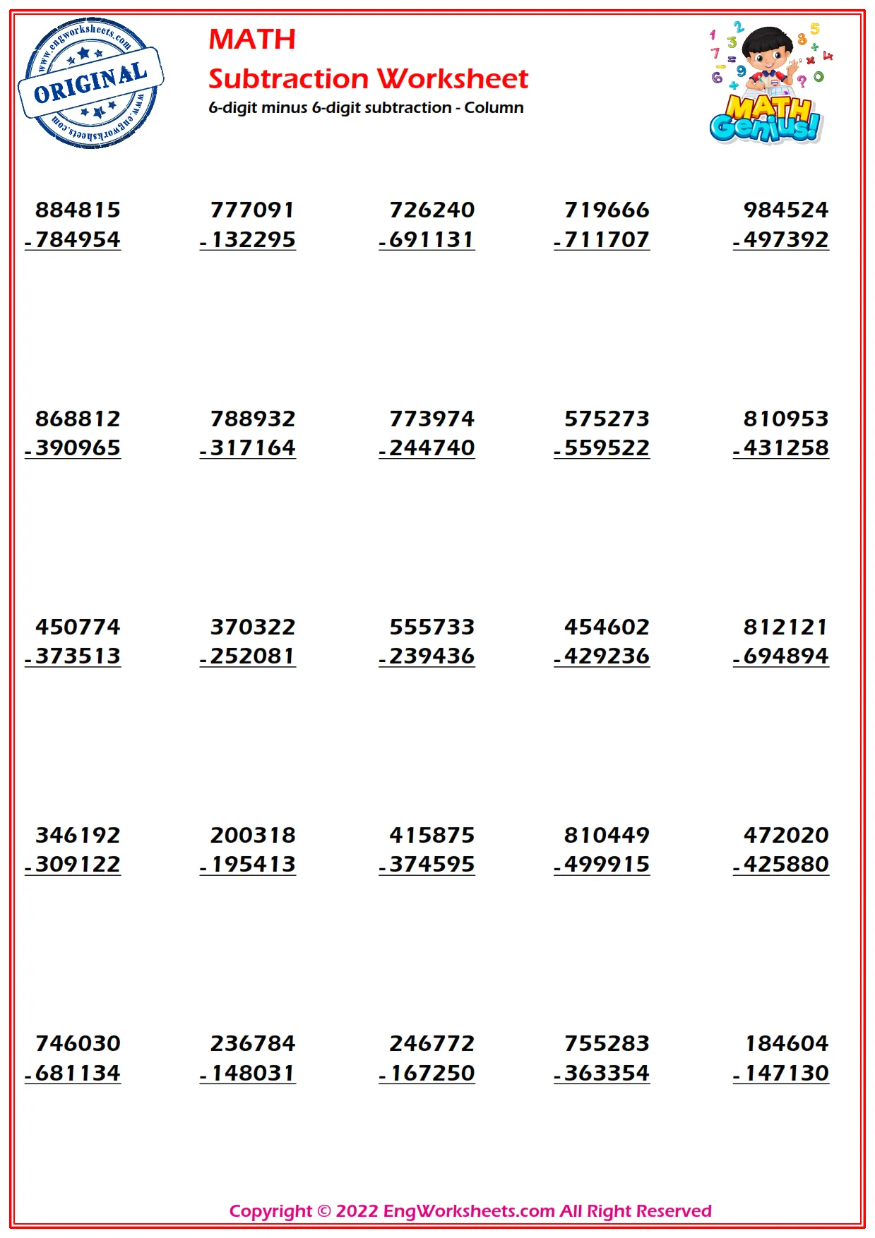 6-digit minus 6-digit subtraction - Column