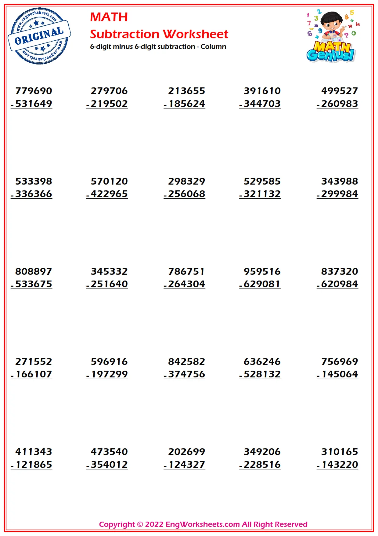 6-digit minus 6-digit subtraction - Column