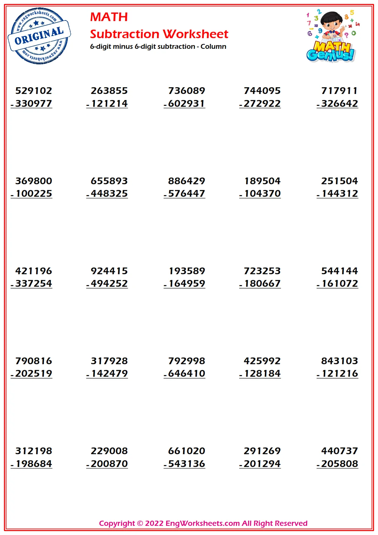 6-digit minus 6-digit subtraction - Column