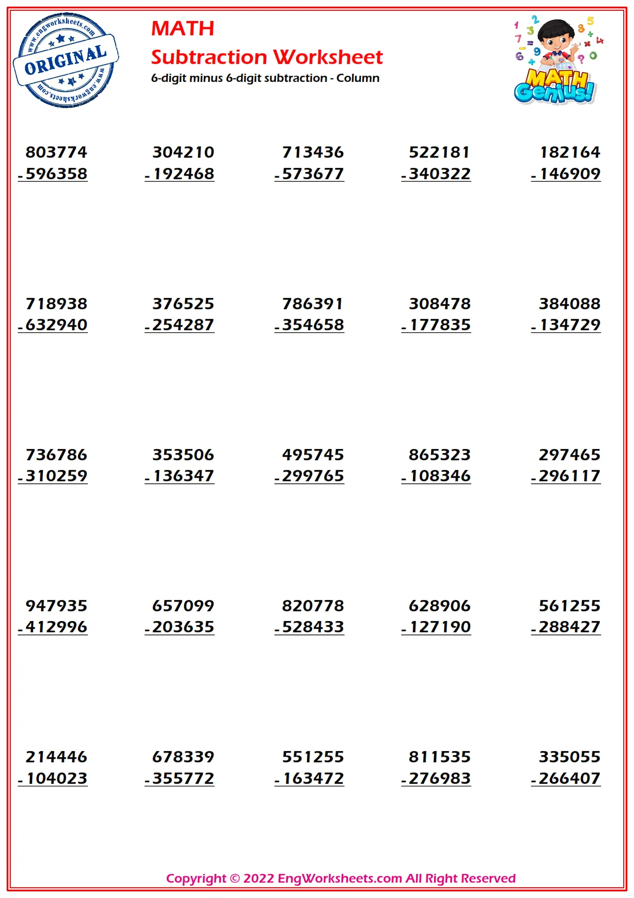 6-digit minus 6-digit subtraction - Column