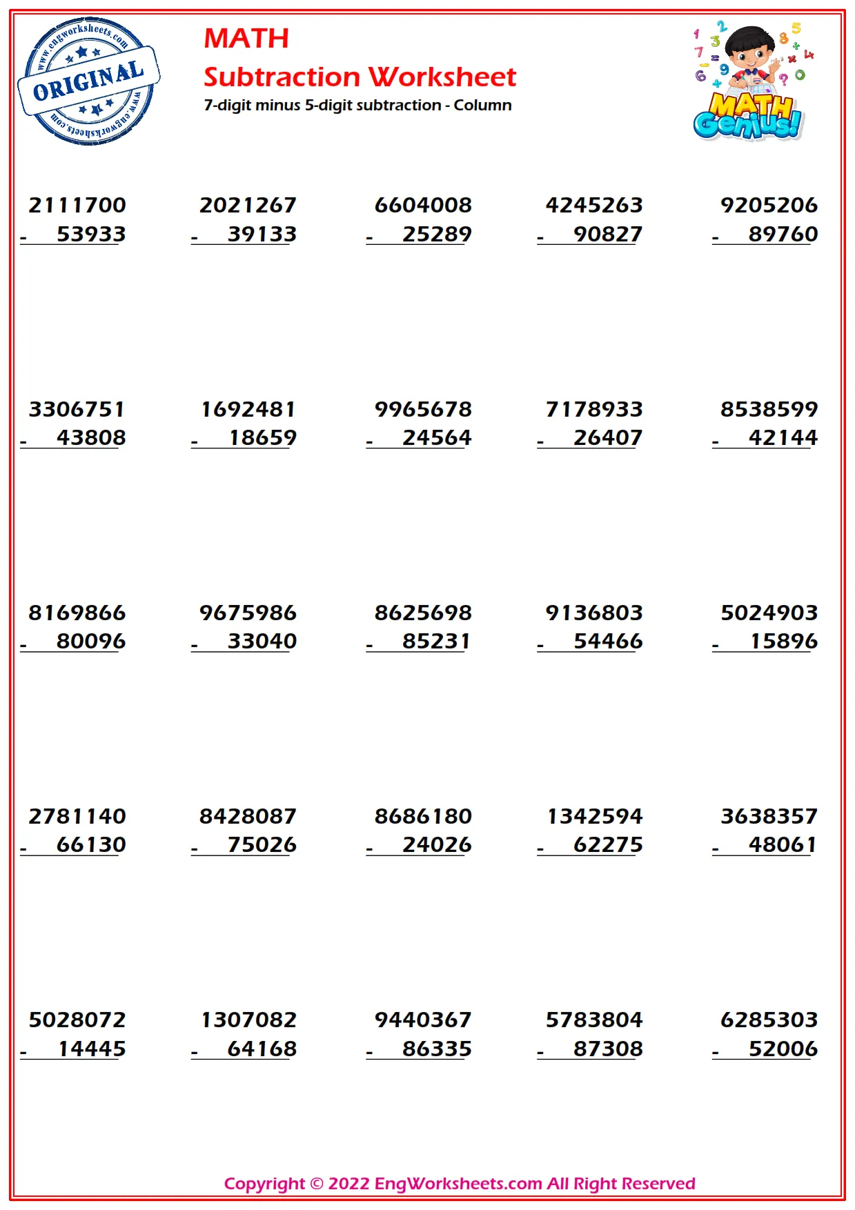 7-digit minus 5-digit subtraction - Column