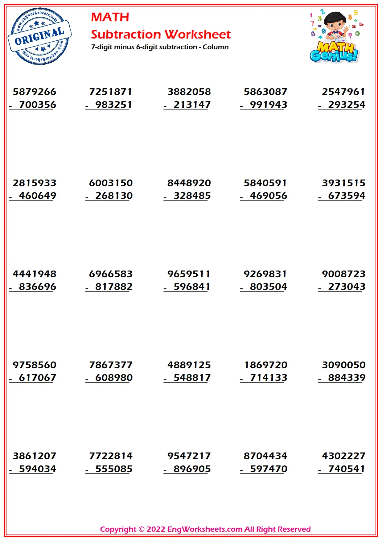 7-digits minus 6-digits subtraction