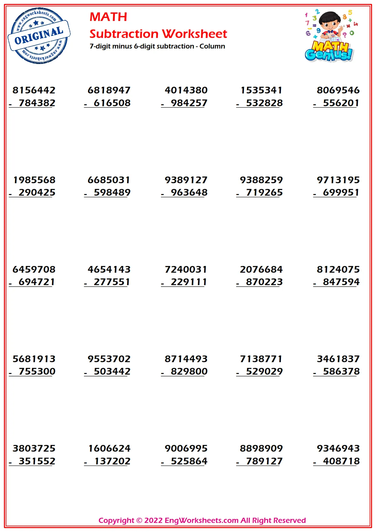 7-digit minus 6-digit subtraction - Column