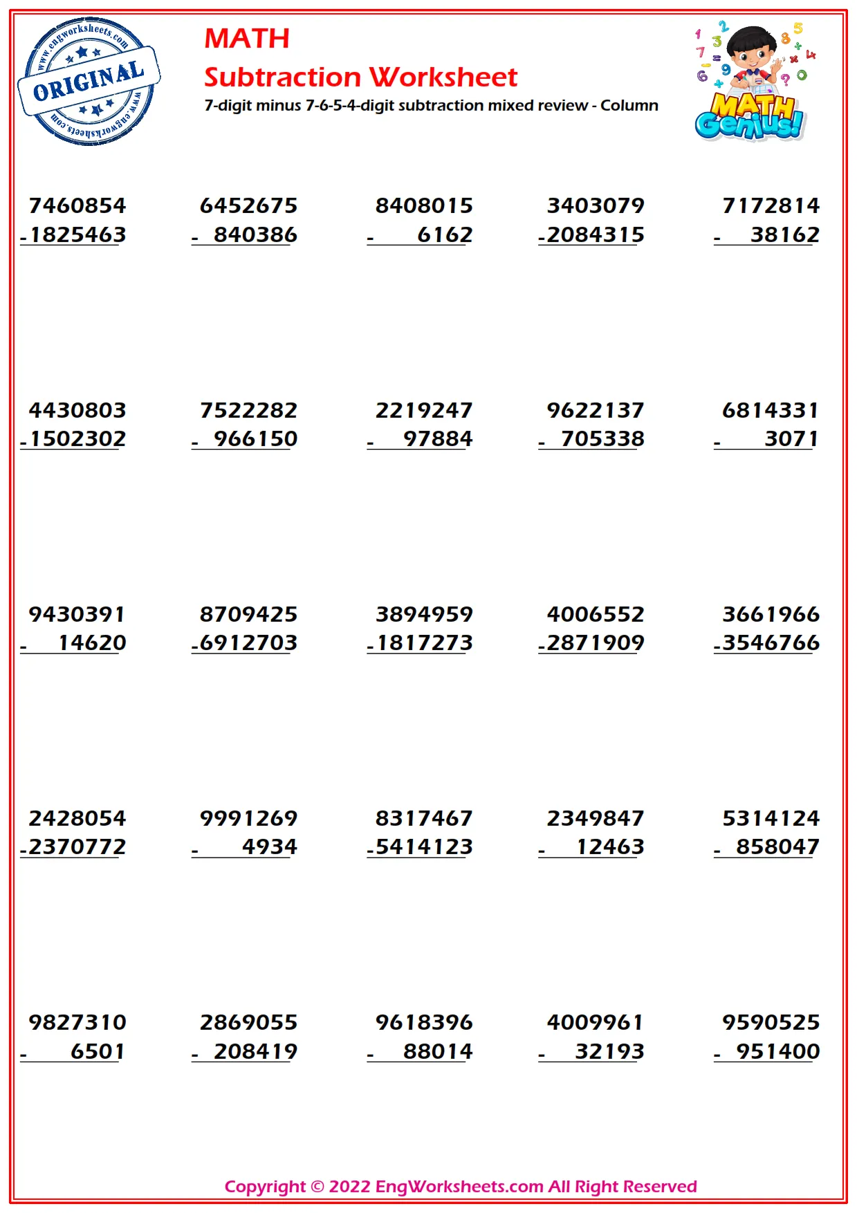 7-digit minus 7-6-5-4-digit subtraction mixed review - Column