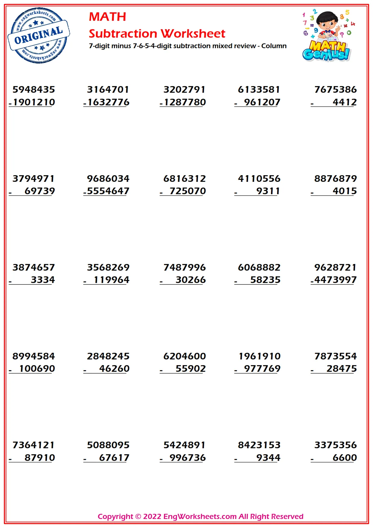 7-digit minus 7-6-5-4-digit subtraction mixed review - Column