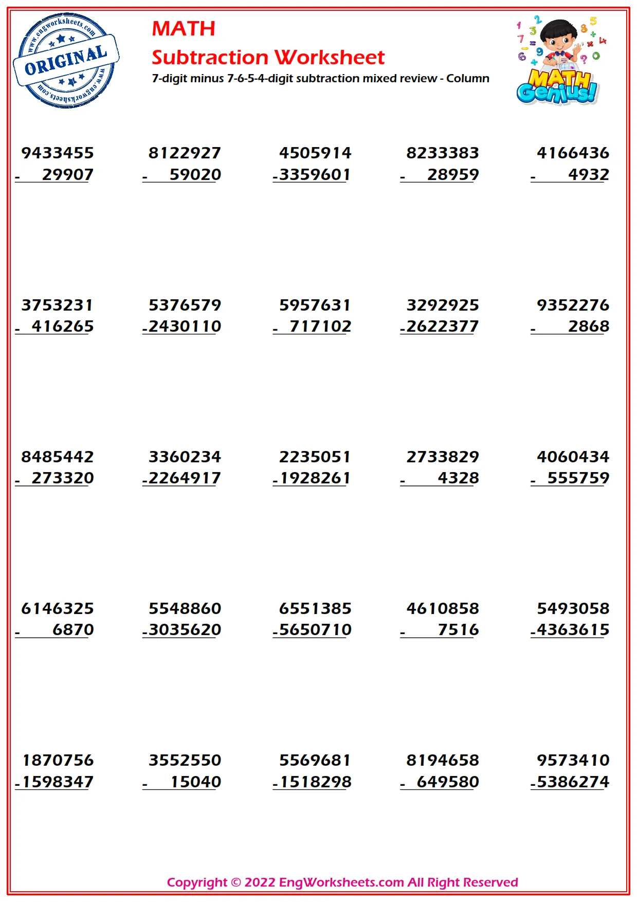7-digit minus 7-6-5-4-digit subtraction mixed review - Column