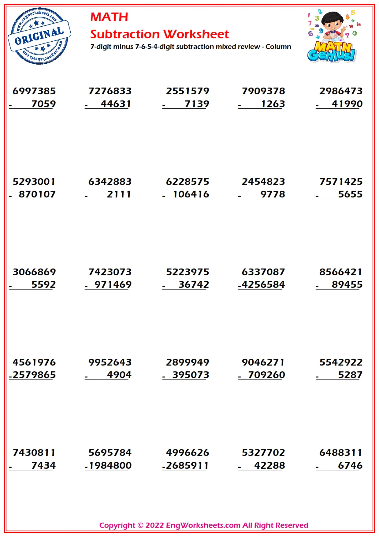 7-digit minus 7-6-5-4-digit subtraction mixed review - Column