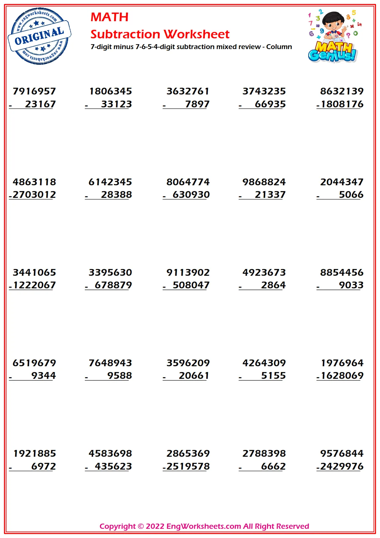 7-digit minus 7-6-5-4-digit subtraction mixed review - Column