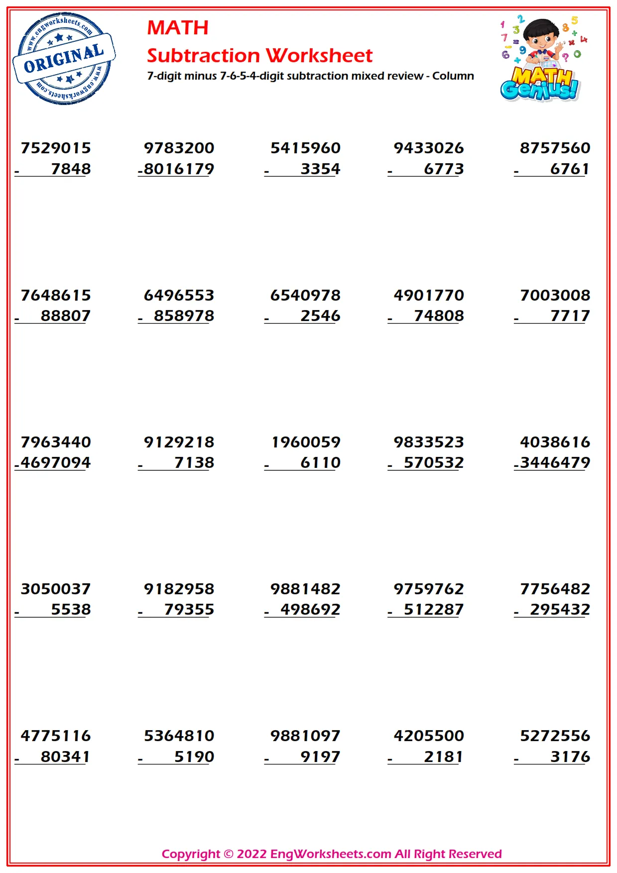 7-digit minus 7-6-5-4-digit subtraction mixed review - Column