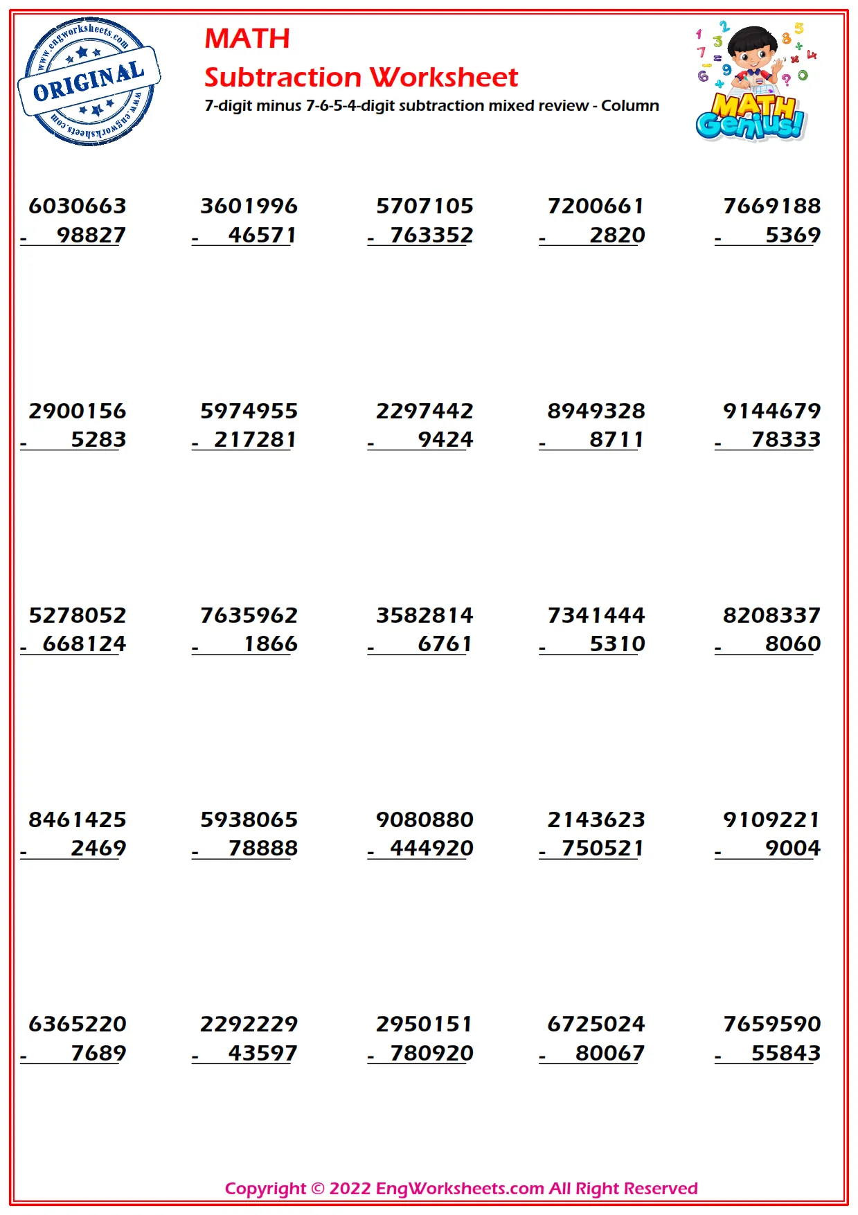 7-digit minus 7-6-5-4-digit subtraction mixed review - Column