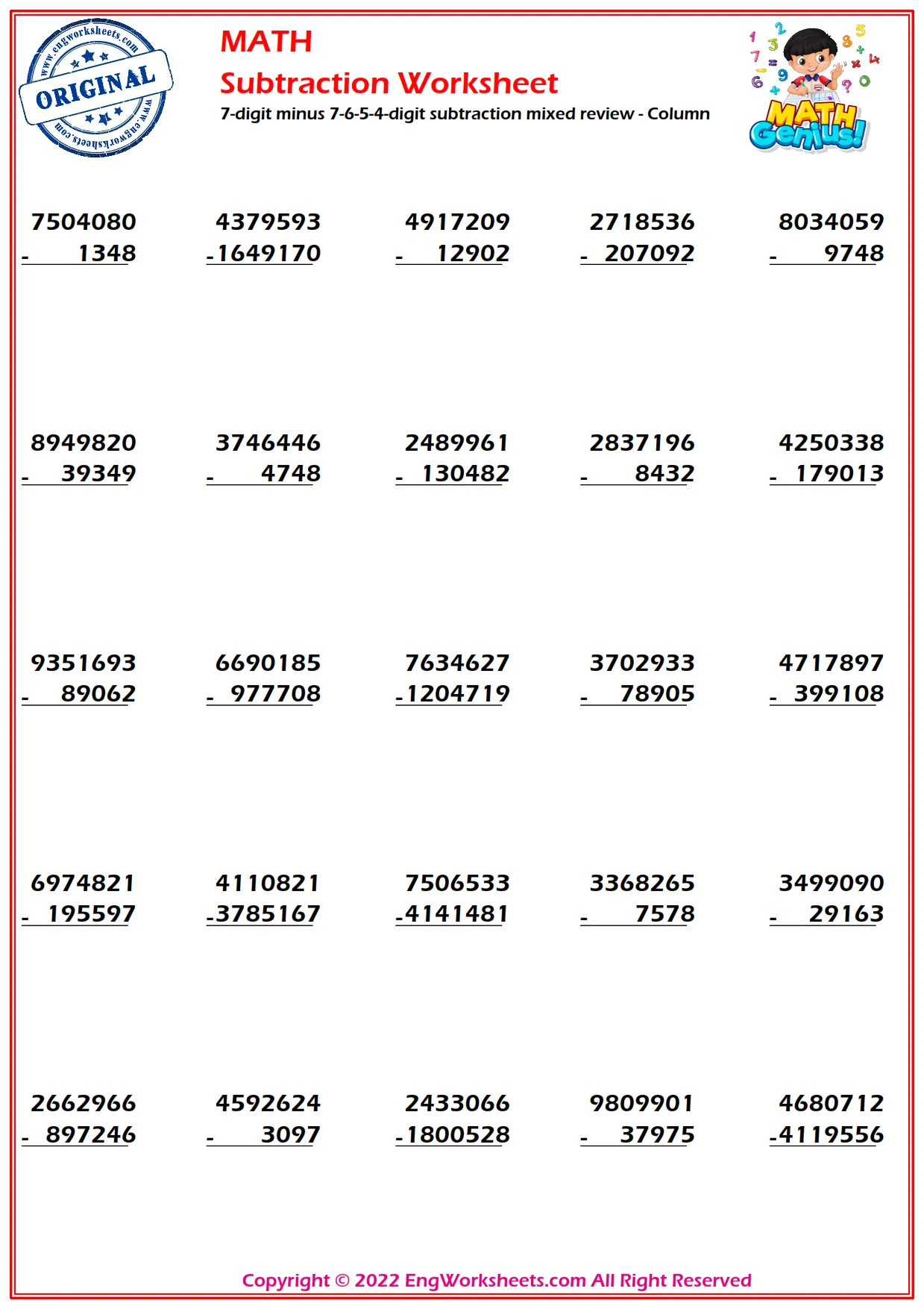 7-digit minus 7-6-5-4-digit subtraction mixed review - Column