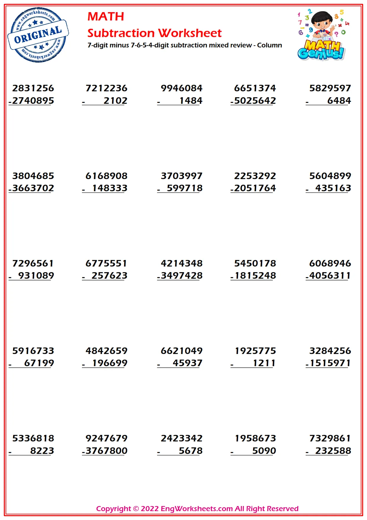 7-digit minus 7-6-5-4-digit subtraction mixed review - Column