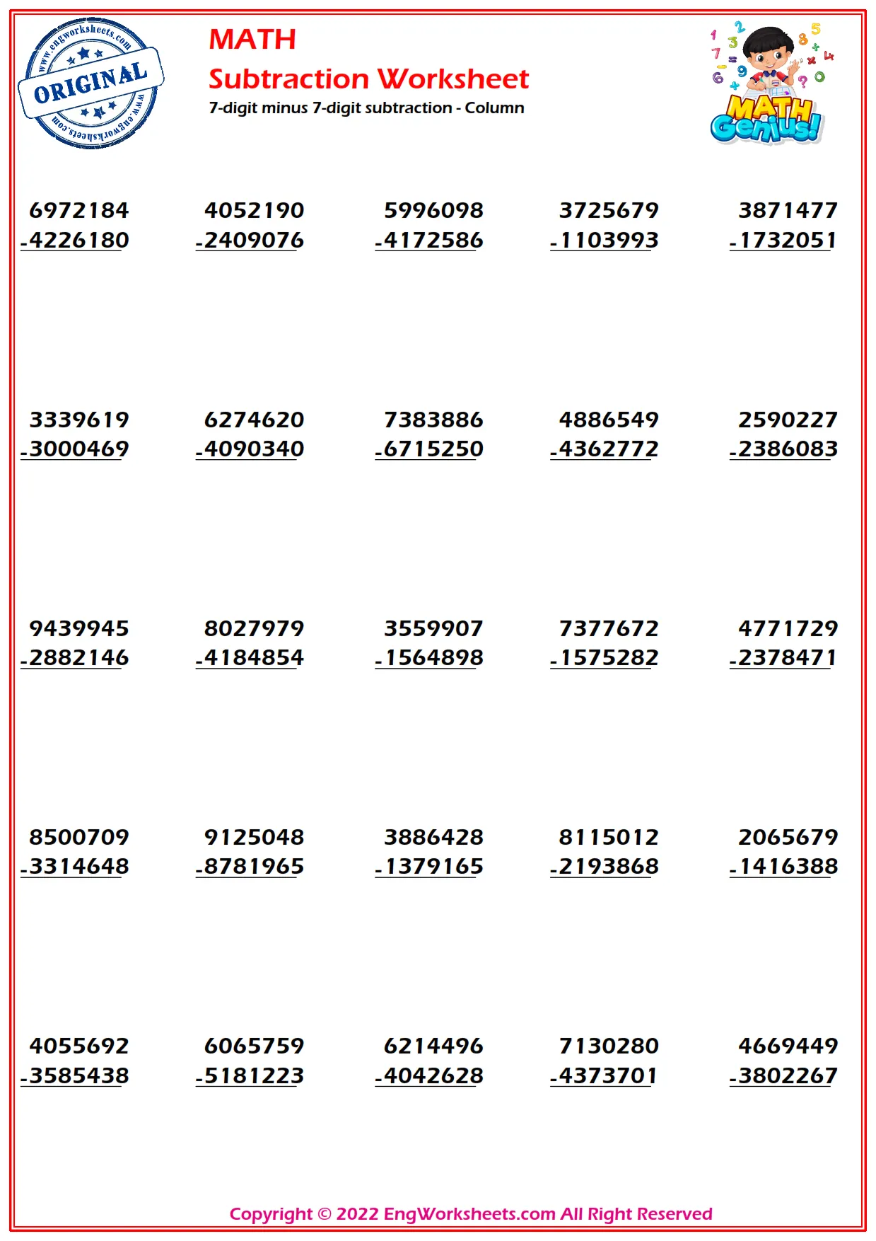 7-digit minus 7-digit subtraction - Column