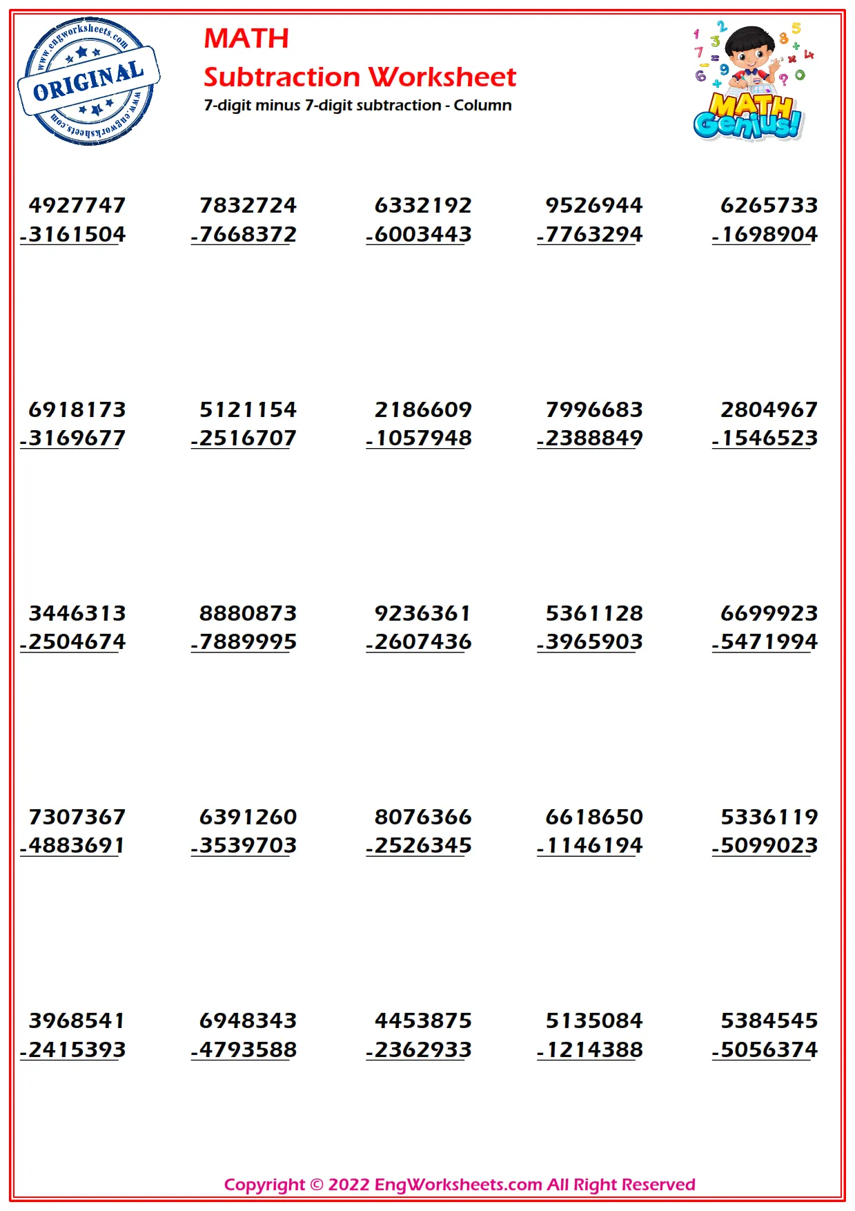 7-digit minus 7-digit subtraction - Column