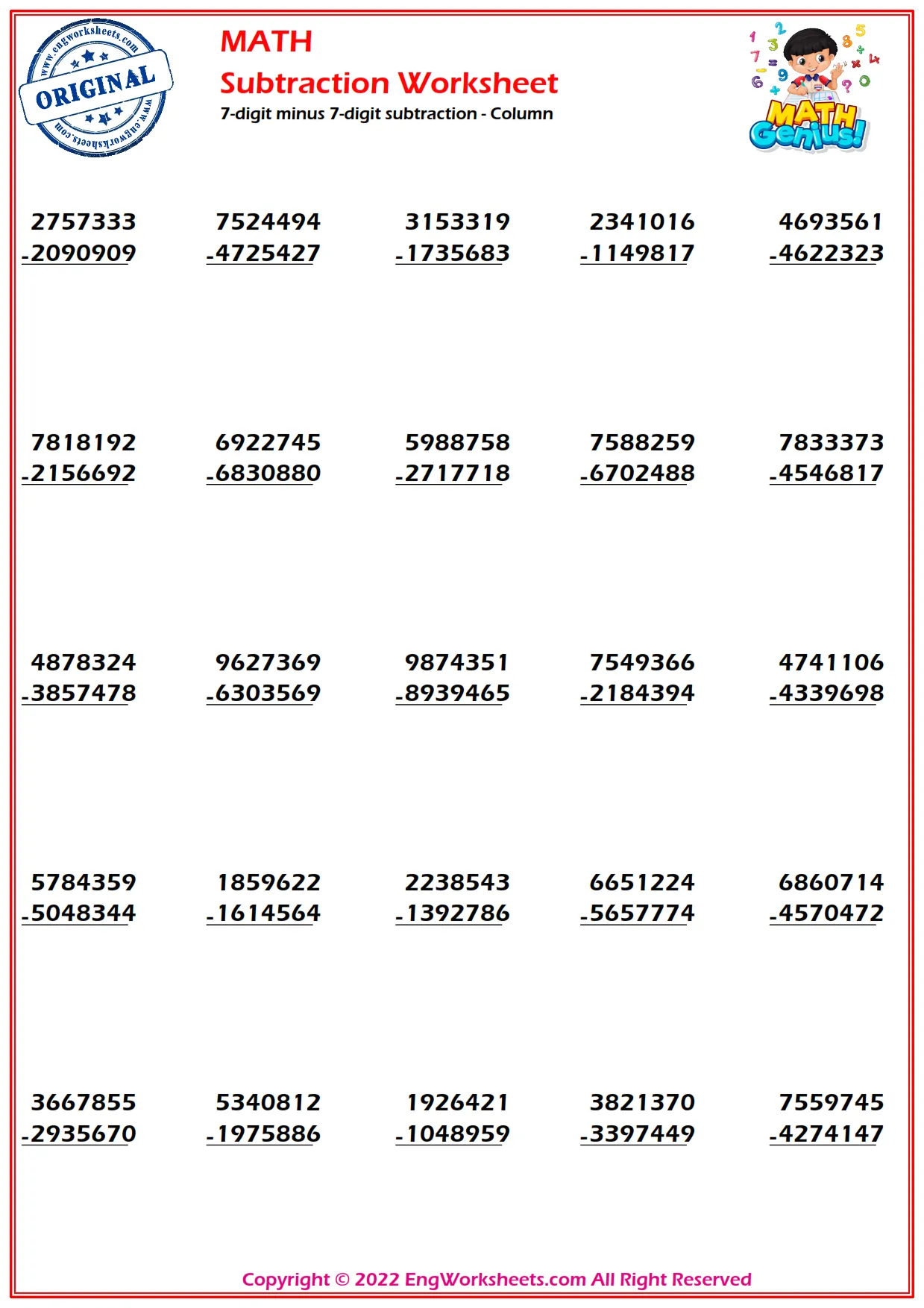 7-digit minus 7-digit subtraction - Column