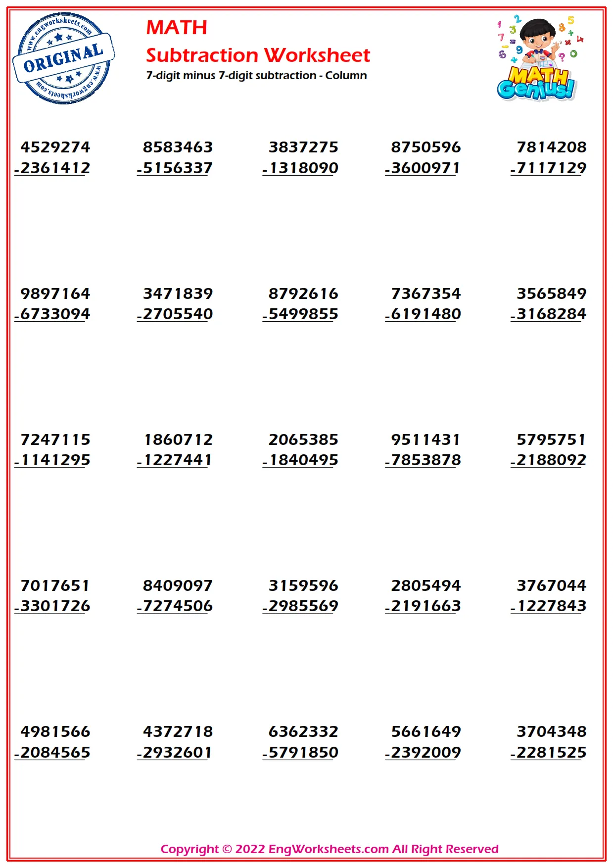 7-digit minus 7-digit subtraction - Column