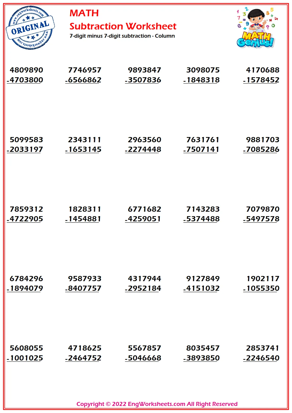 7-digit minus 7-digit subtraction - Column