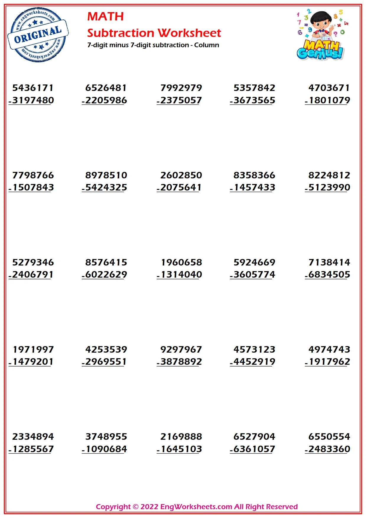 7-digit minus 7-digit subtraction - Column