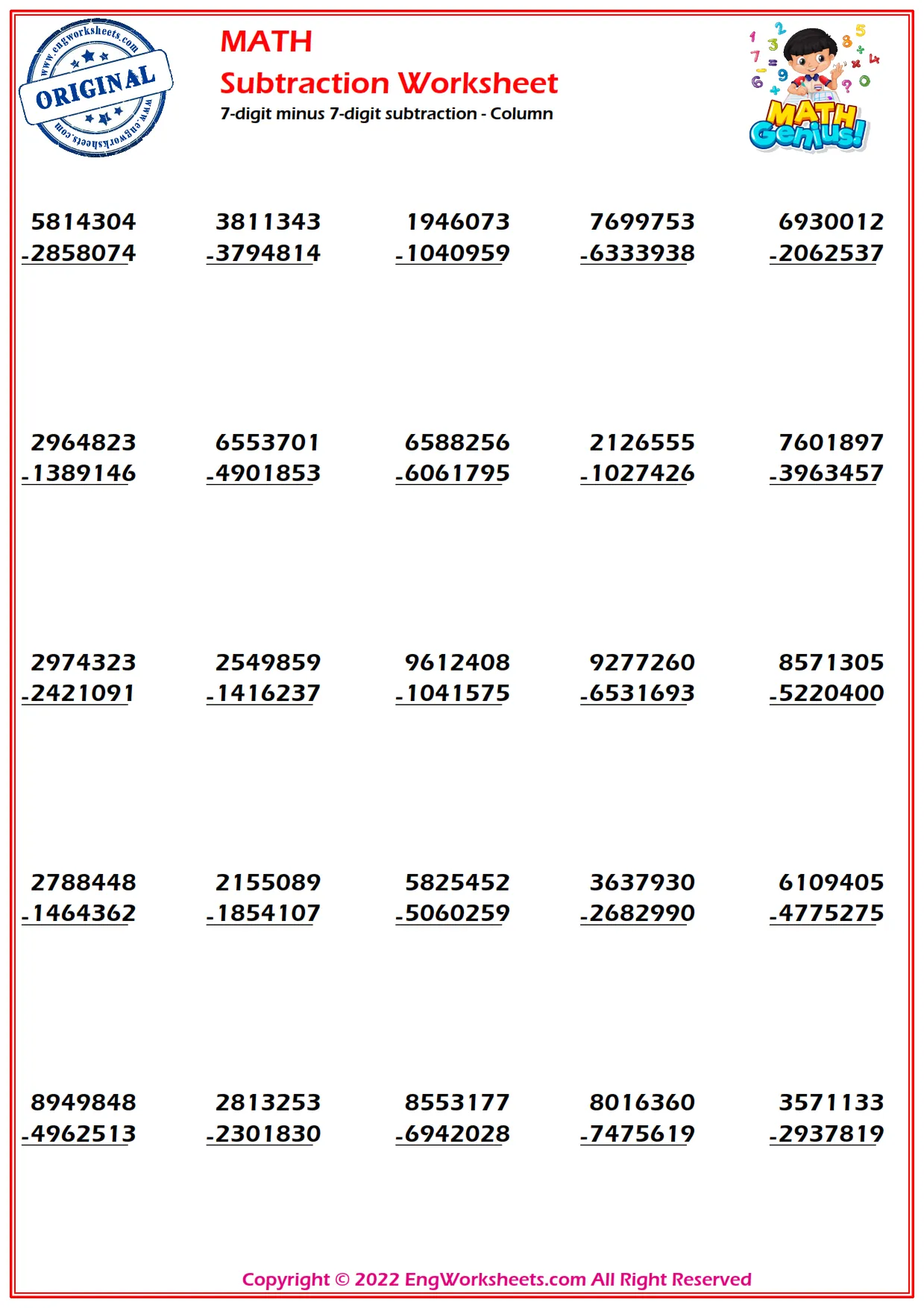 7-digit minus 7-digit subtraction - Column