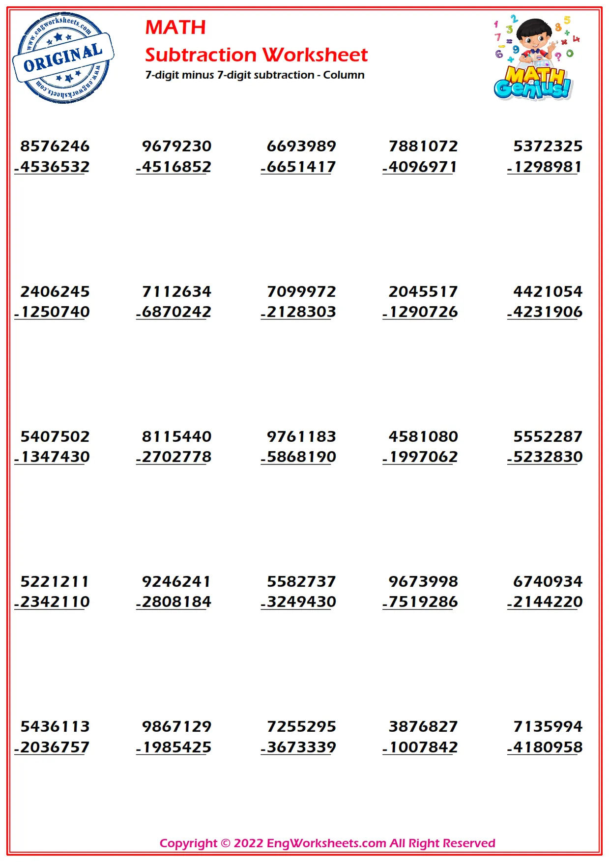 7-digit minus 7-digit subtraction - Column