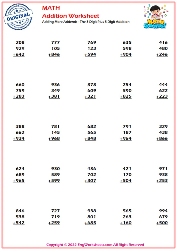 Adding More Addends - The 3-Digit Plus 3-Digit Addition