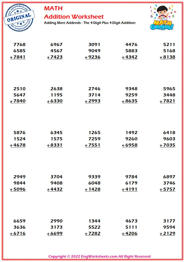 Adding More Addends - The 4-Digit Plus 4-Digit Addition