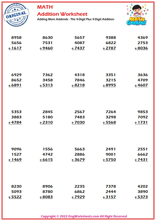 Adding More Addends - The 4-Digit Plus 4-Digit Addition