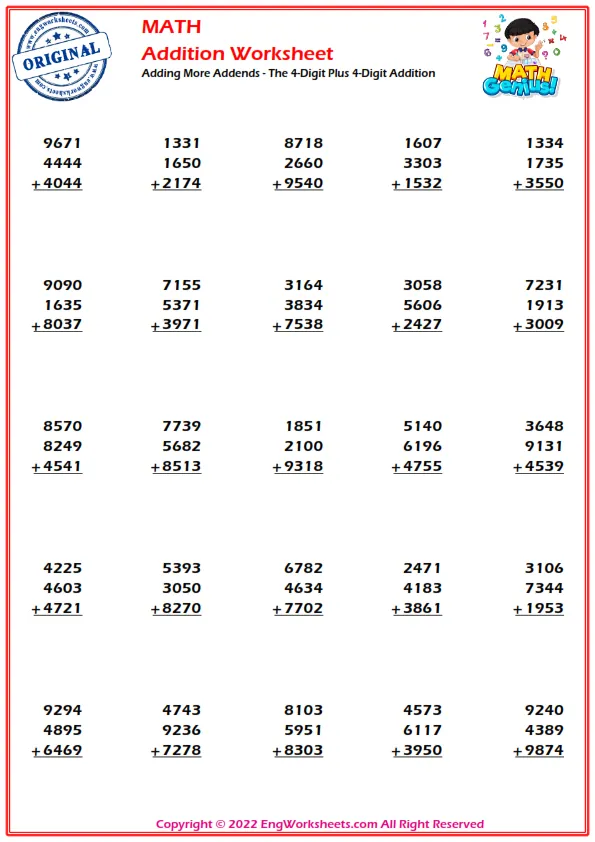 Adding More Addends - The 4-Digit Plus 4-Digit Addition