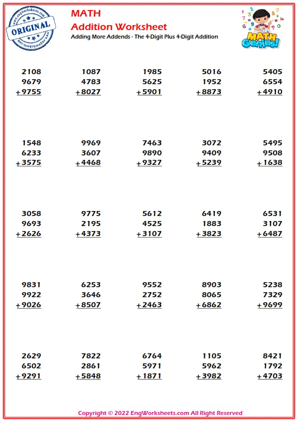 Adding More Addends - The 4-Digit Plus 4-Digit Addition