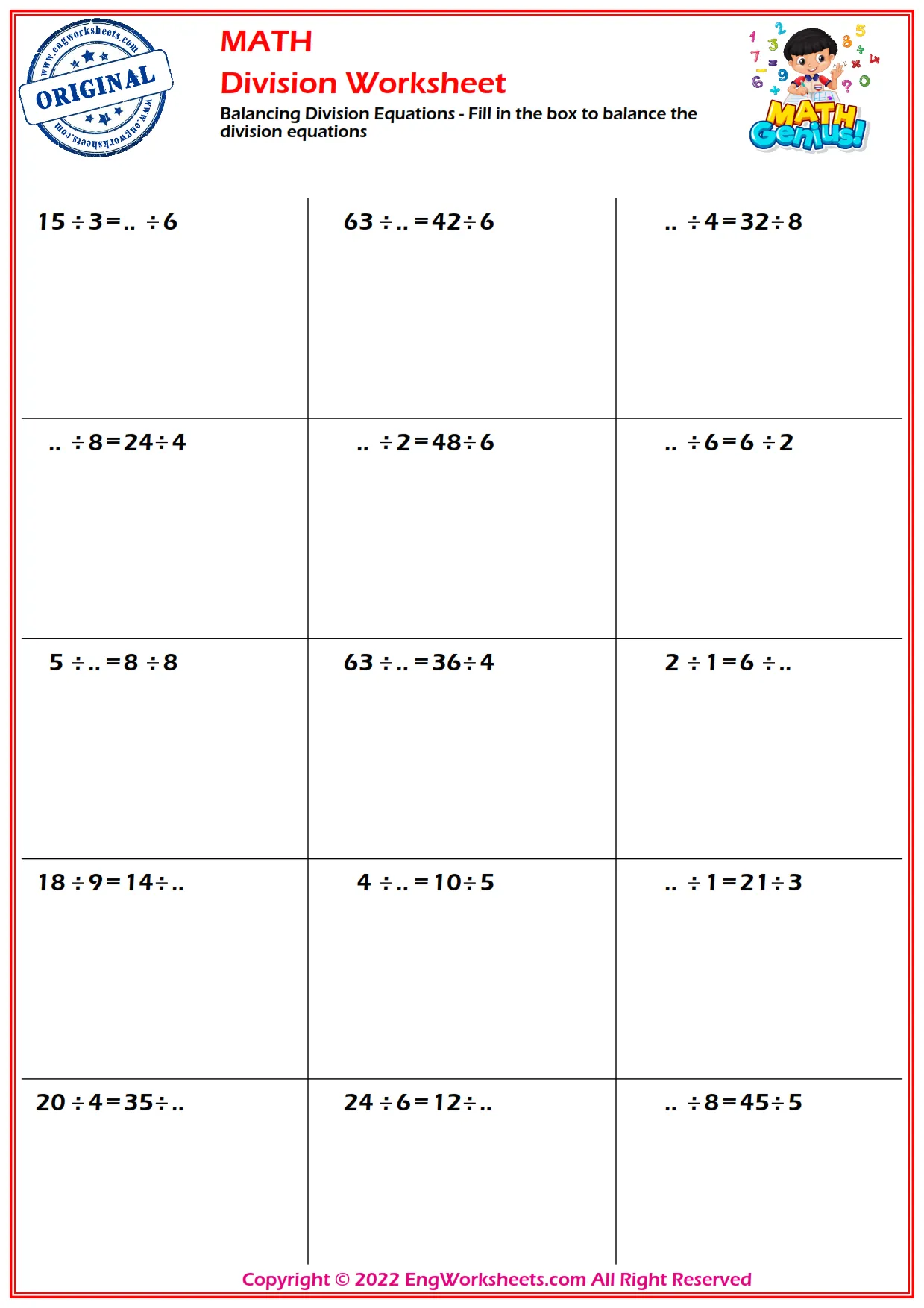 Balancing Division Equations - Fill in the box to balance the division equations