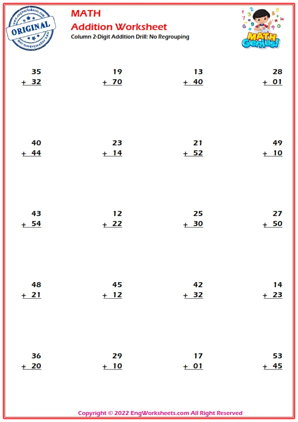 Column 2-Digit Addition Drill: No Regrouping