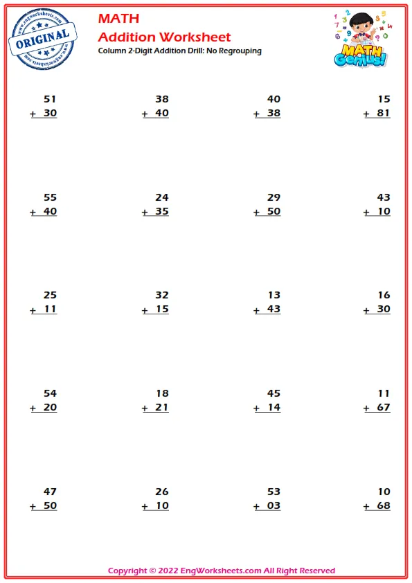 Column 2-Digit Addition Drill: No Regrouping
