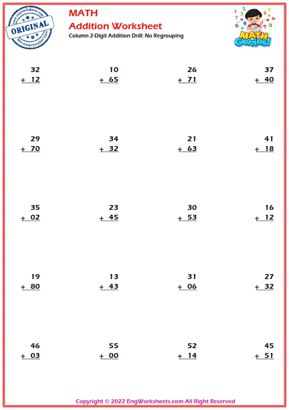 Column 2-Digit Addition Drill: No Regrouping
