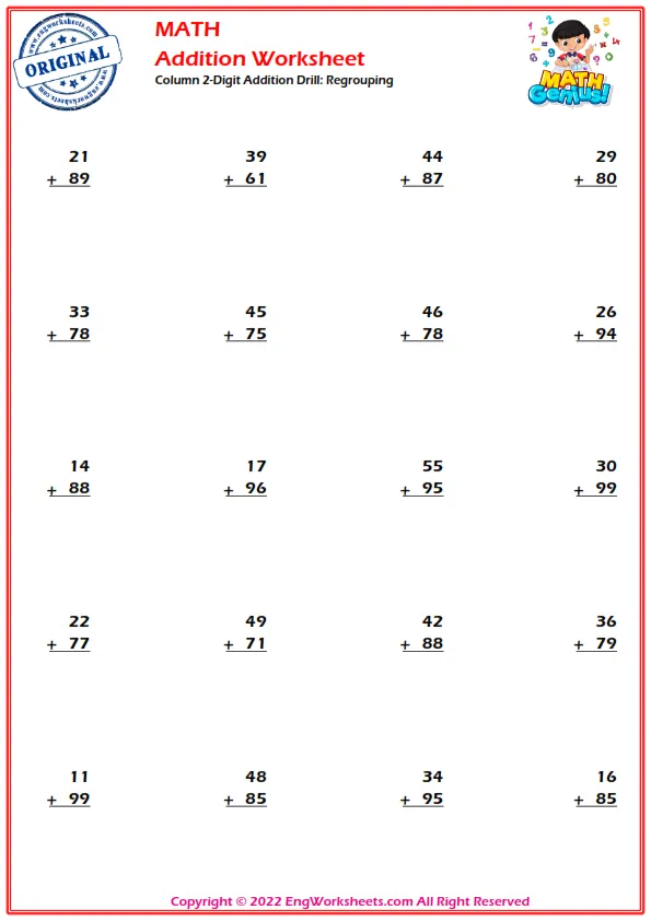 Column 2-Digit Addition Drill: Regrouping