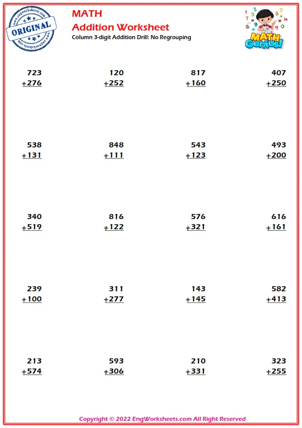 Column 3-digit Addition Drill: No Regrouping