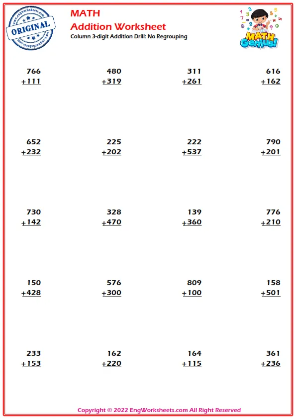 Column 3-digit Addition Drill: No Regrouping