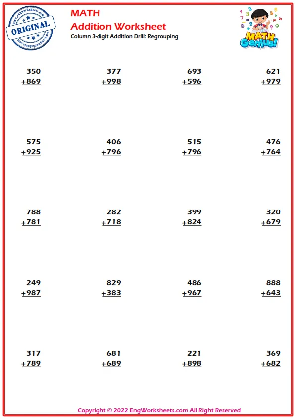 Column 3-digit Addition Drill: Regrouping