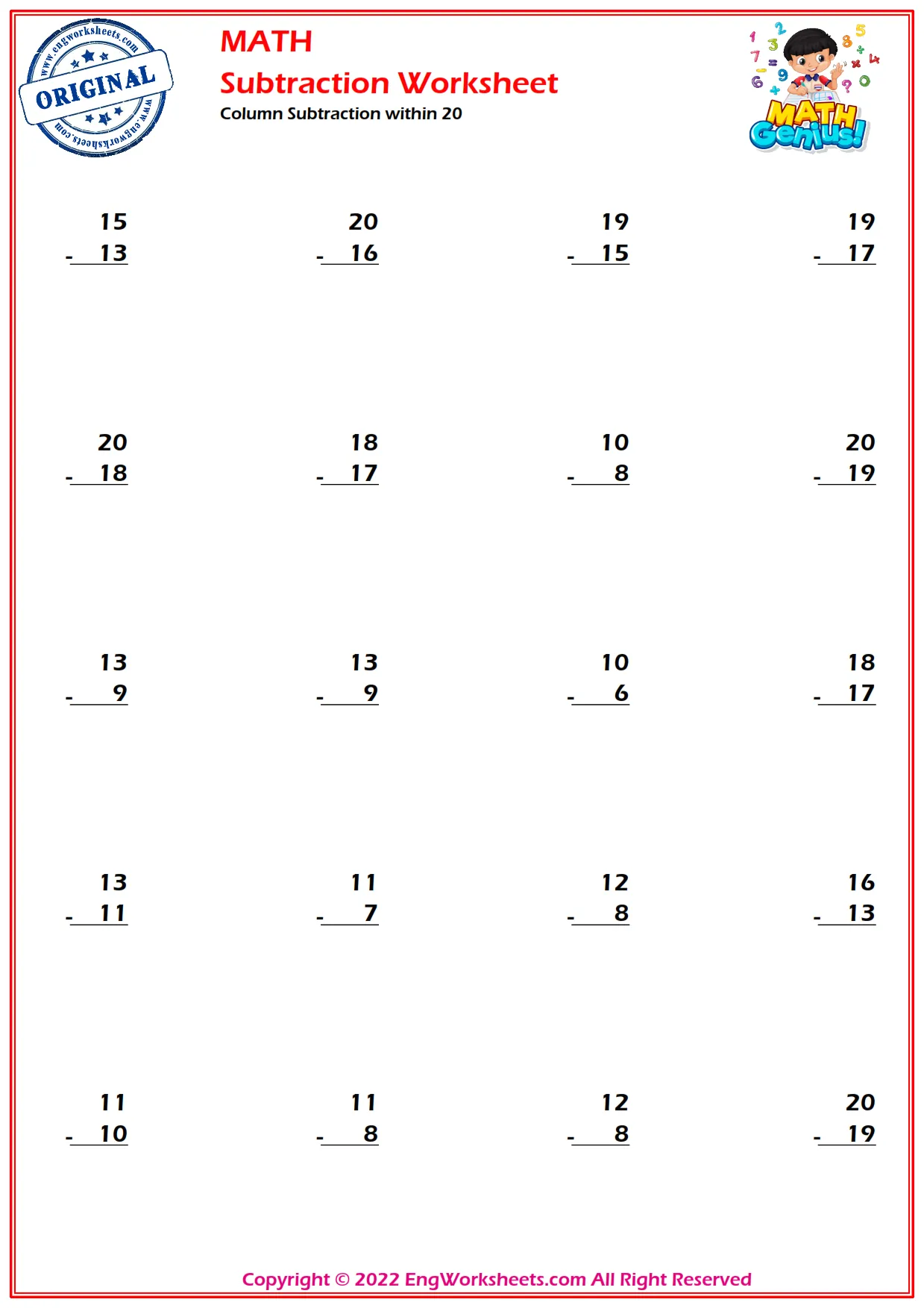 Horizontal Subtraction within 20 - Standard