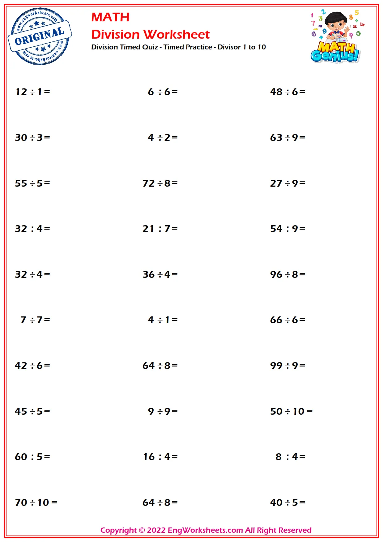 Division Timed Quiz - Timed Practice - Divisor 1 to 10
