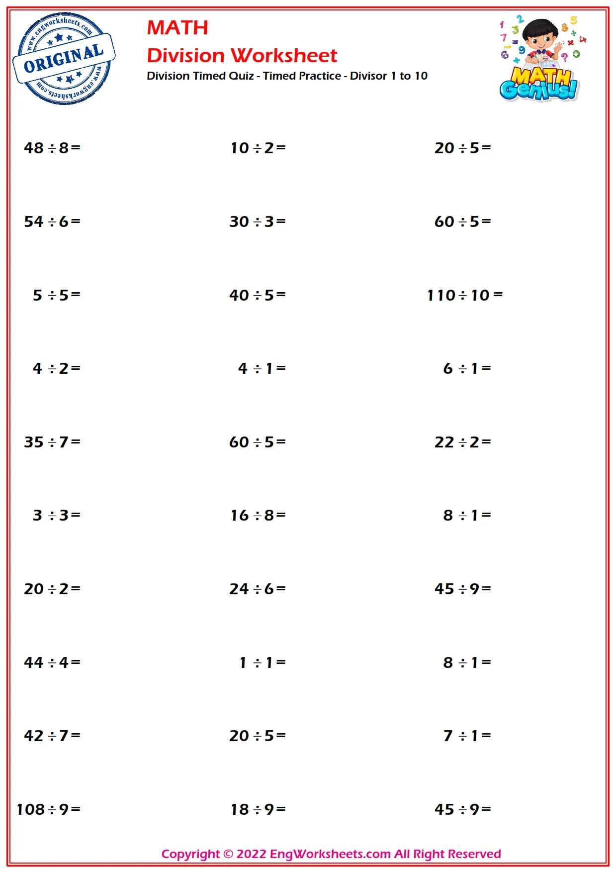 Division Timed Quiz - Timed Practice - Divisor 1 to 10