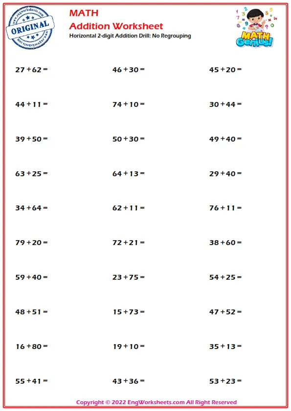 Horizontal 2-digit Addition Drill: No Regrouping