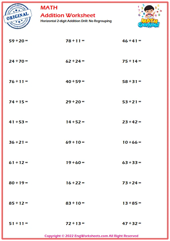 Horizontal 2-digit Addition Drill: No Regrouping