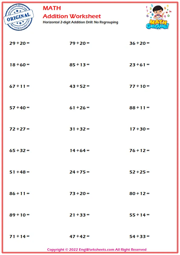Horizontal 2-digit Addition Drill: No Regrouping