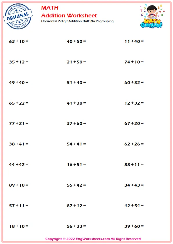 Horizontal 2-digit Addition Drill: No Regrouping