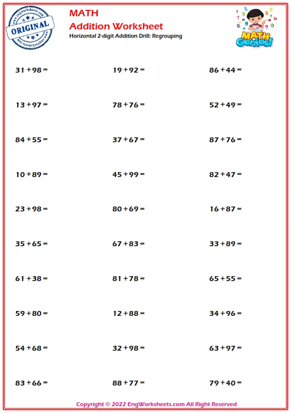 Horizontal 2-digit Addition Drill: Regrouping