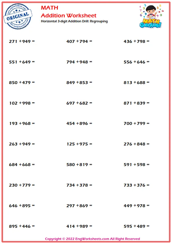 Horizontal 3-digit Addition Drill: Regrouping