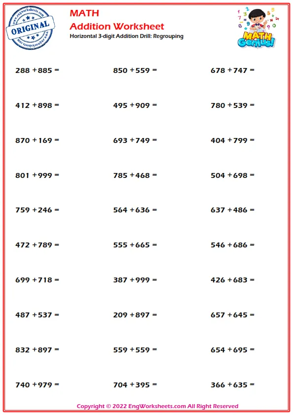 Horizontal 3-digit Addition Drill: Regrouping